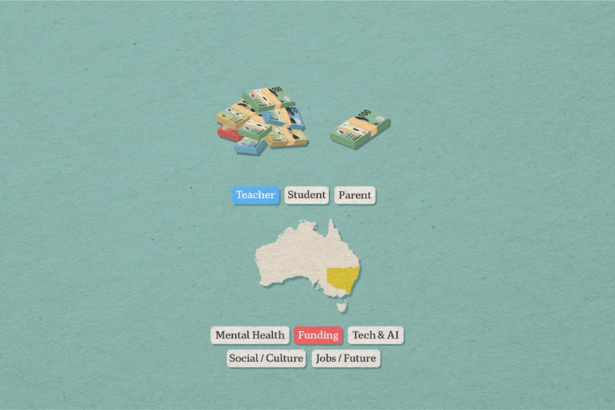 A graphic illustrates that the audience members below are teachers in NSW who are concerned about funding.