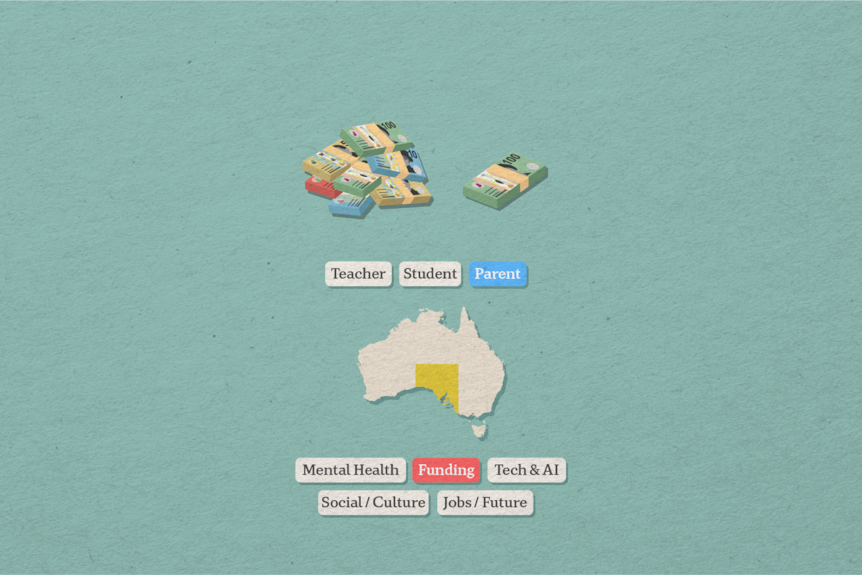 A graphic shows the audience members below are parents in South Australia, worried about funding.