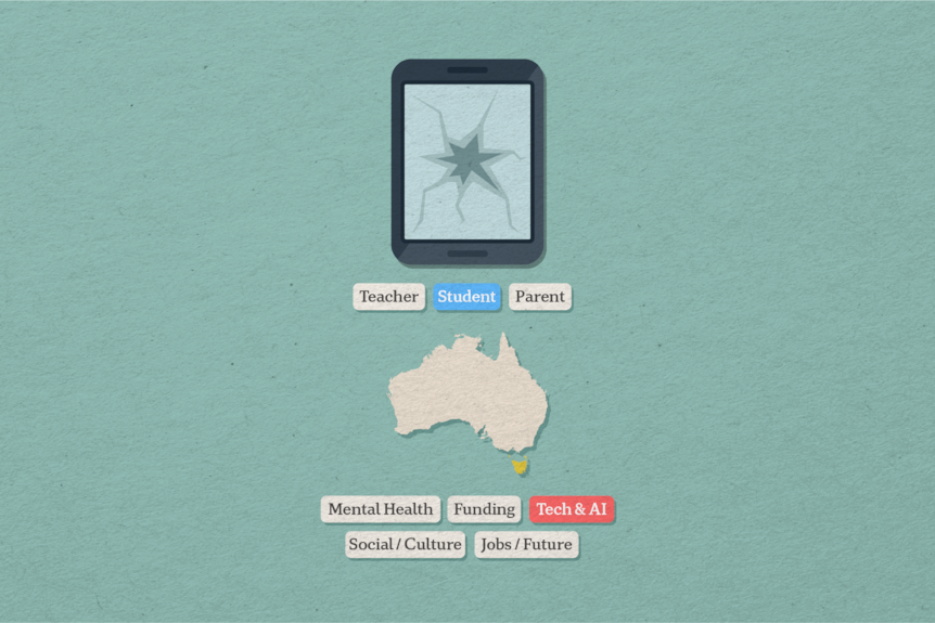 A graphic illustrates that the following audience members are students in Tasmania who are concerned about AI and technology.