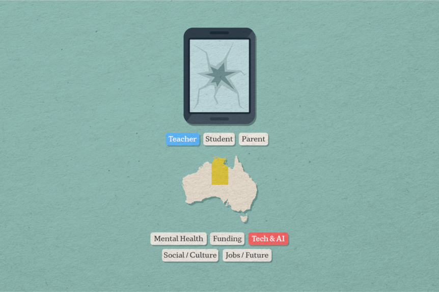 A graphic illustrating the audience members below is a teacher in NT who is concerned about technology.