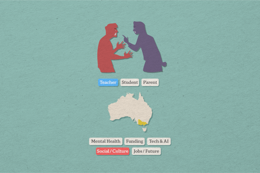 A graphic illustrates that the following audience member is a teacher in Victoria who is concerned about social issues.