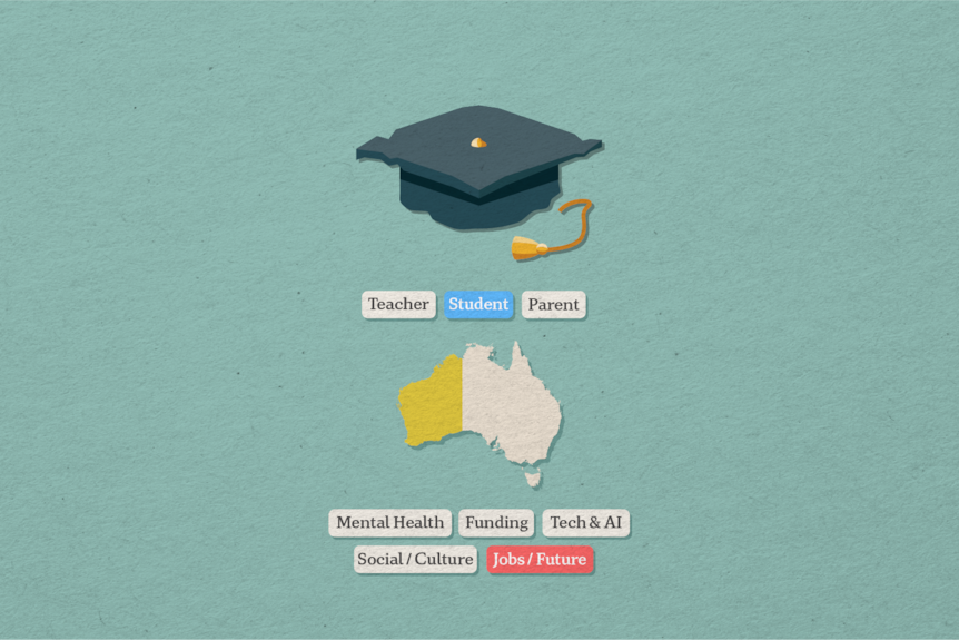 A graphic illustrates that the following audience member is a student at WA who is concerned about the future.