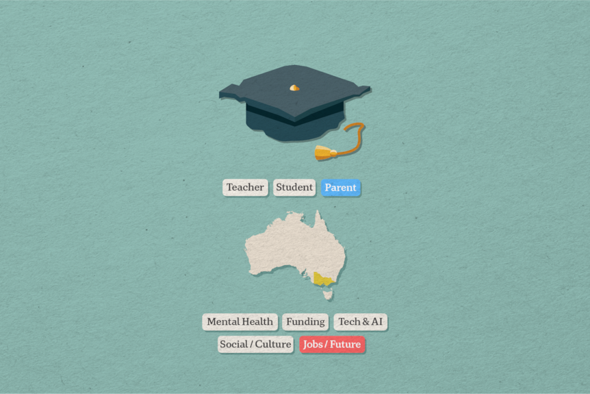 A graphic illustrates that an audience member is a parent in Victoria who is worried about the future.