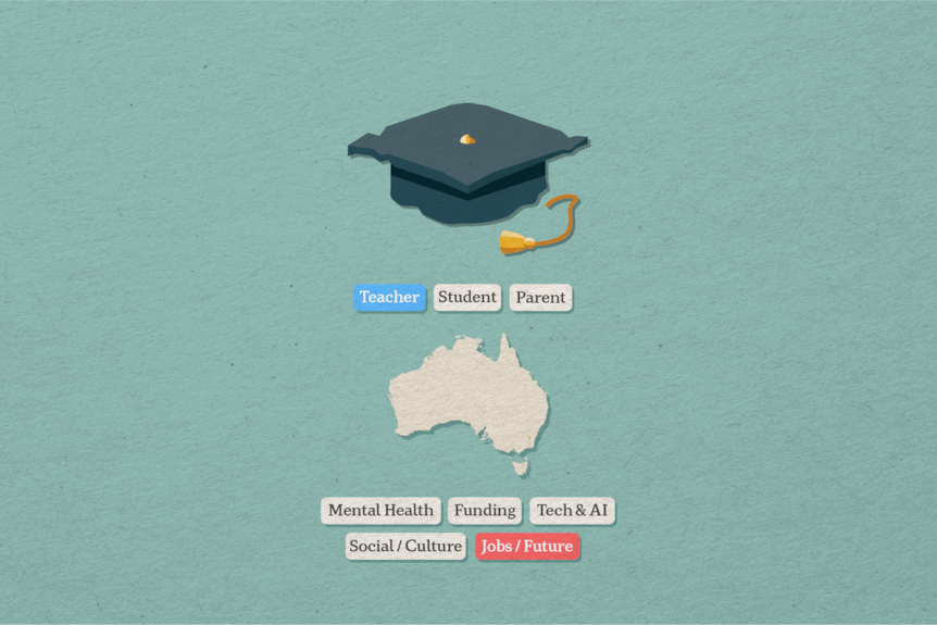 A graphic showing an audience member worried about his job and future is a former teacher at ACT.