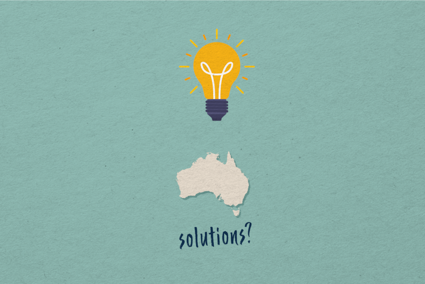 A graphic showing a map of Australia with a blob and words "Solutions".